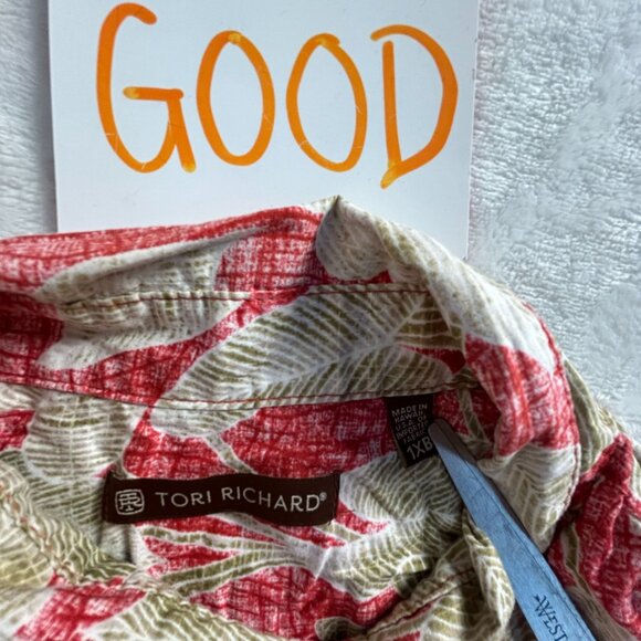 Tori Richard Mens Leaf Print Button-Up Hawaiian Shirt 1XB Red/Green Cotton Lawn - Picture 3 of 7